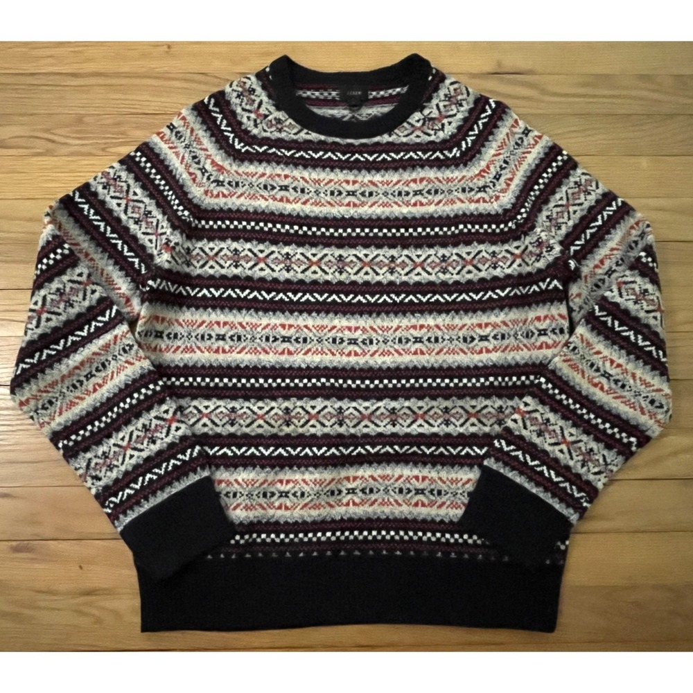 J. Crew Striped 100% Lambswool Crewneck Sweater Navy Blue Red Tan Women M